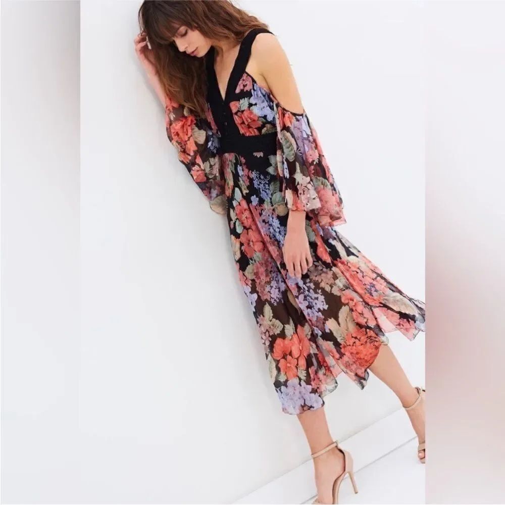 Alice McCall open shoulders silk midi dress, US4